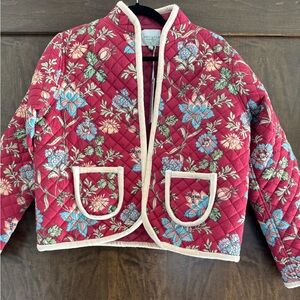 NWT Marigold Victoria Dunn Paisley Printed Quilted Coat With Pink Velvet Trim